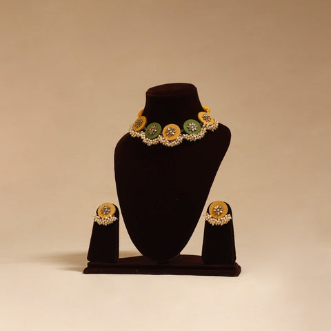 Handmade fabart choker necklace set with kundan & beads 08