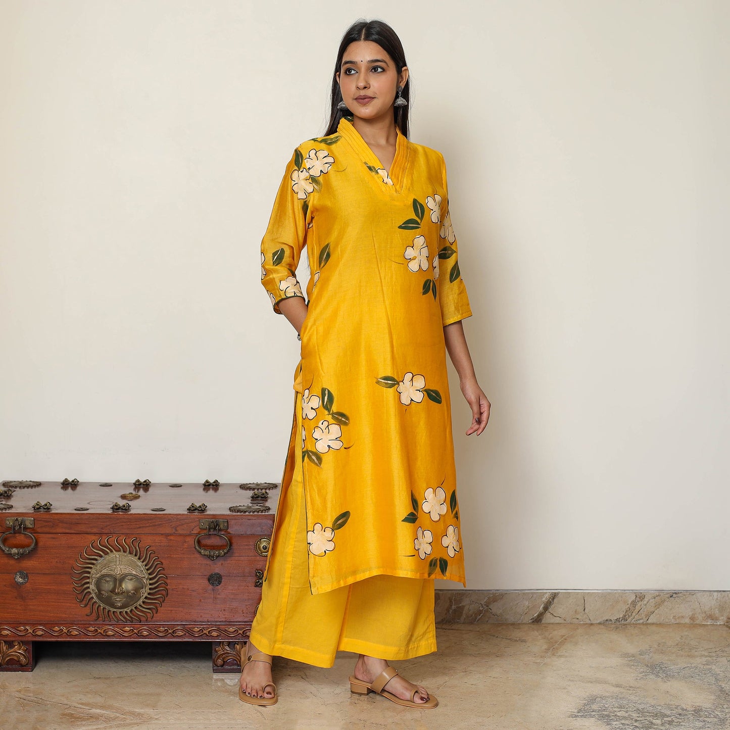 Buy Handpainted Chanderi Silk Kurta Set with Palazzo & Dupatta