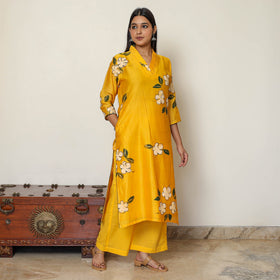 Buy Handpainted Chanderi Silk Kurta Set with Palazzo & Dupatta