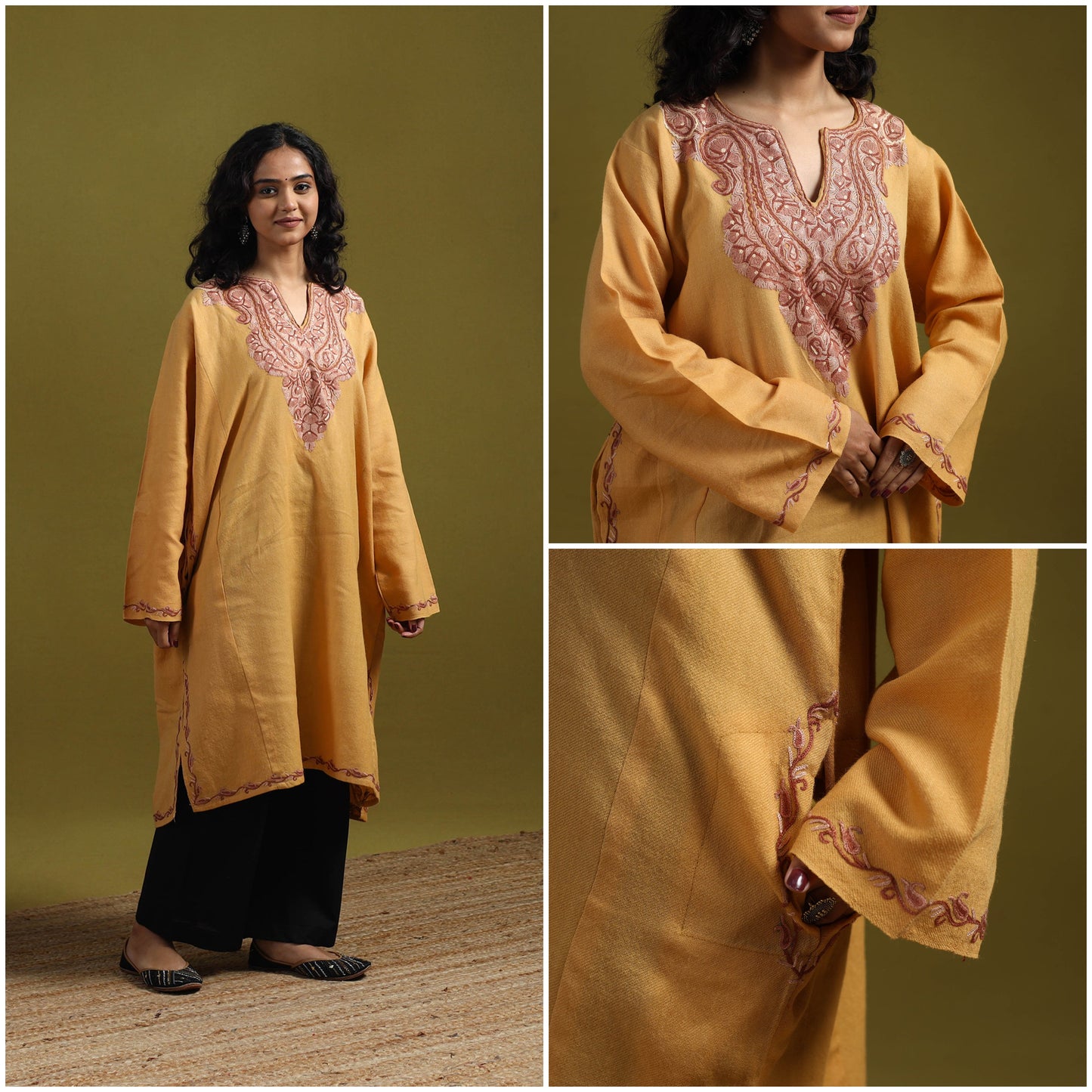 Handwoven aari hand embroidered kashmiri merino wool pheran