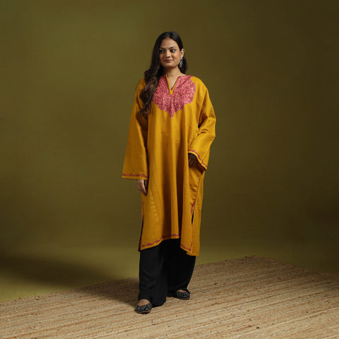 Yellow - handwoven aari hand embroidered kashmiri merino