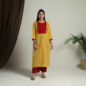 Yellow Block Print Handwoven Cotton Straight Mangalagiri Kurta