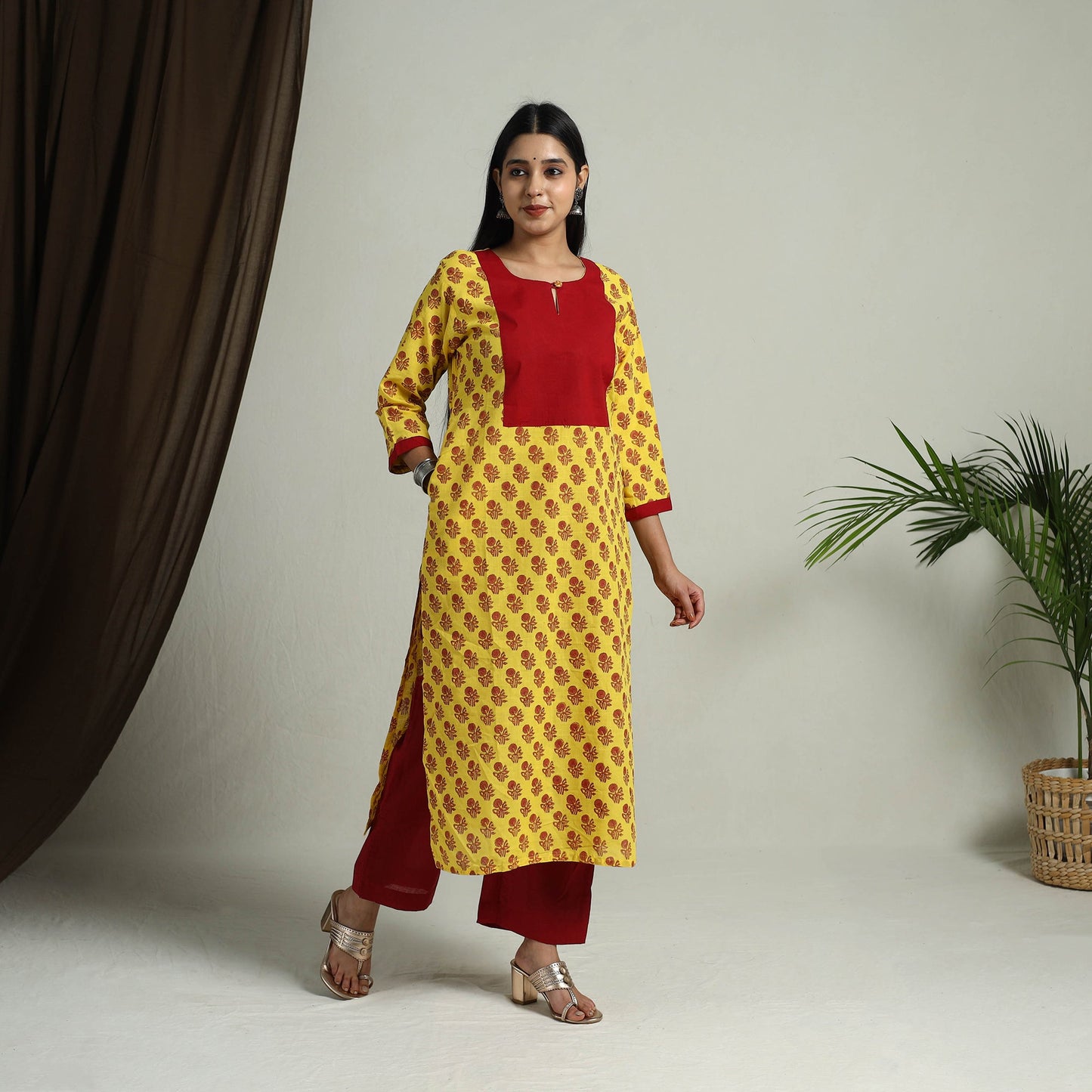Yellow Block Print Handwoven Cotton Straight Mangalagiri Kurta