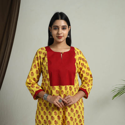 Yellow Block Print Handwoven Cotton Straight Mangalagiri Kurta