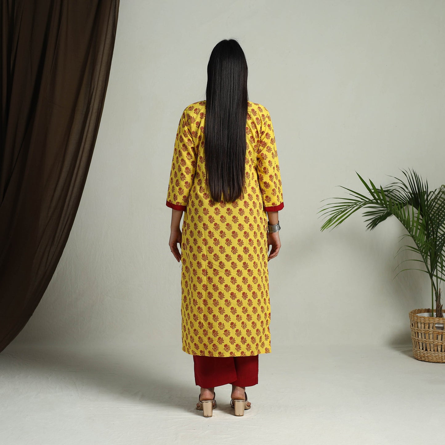 Yellow Block Print Handwoven Cotton Straight Mangalagiri Kurta