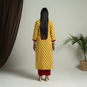 Yellow Block Print Handwoven Cotton Straight Mangalagiri Kurta