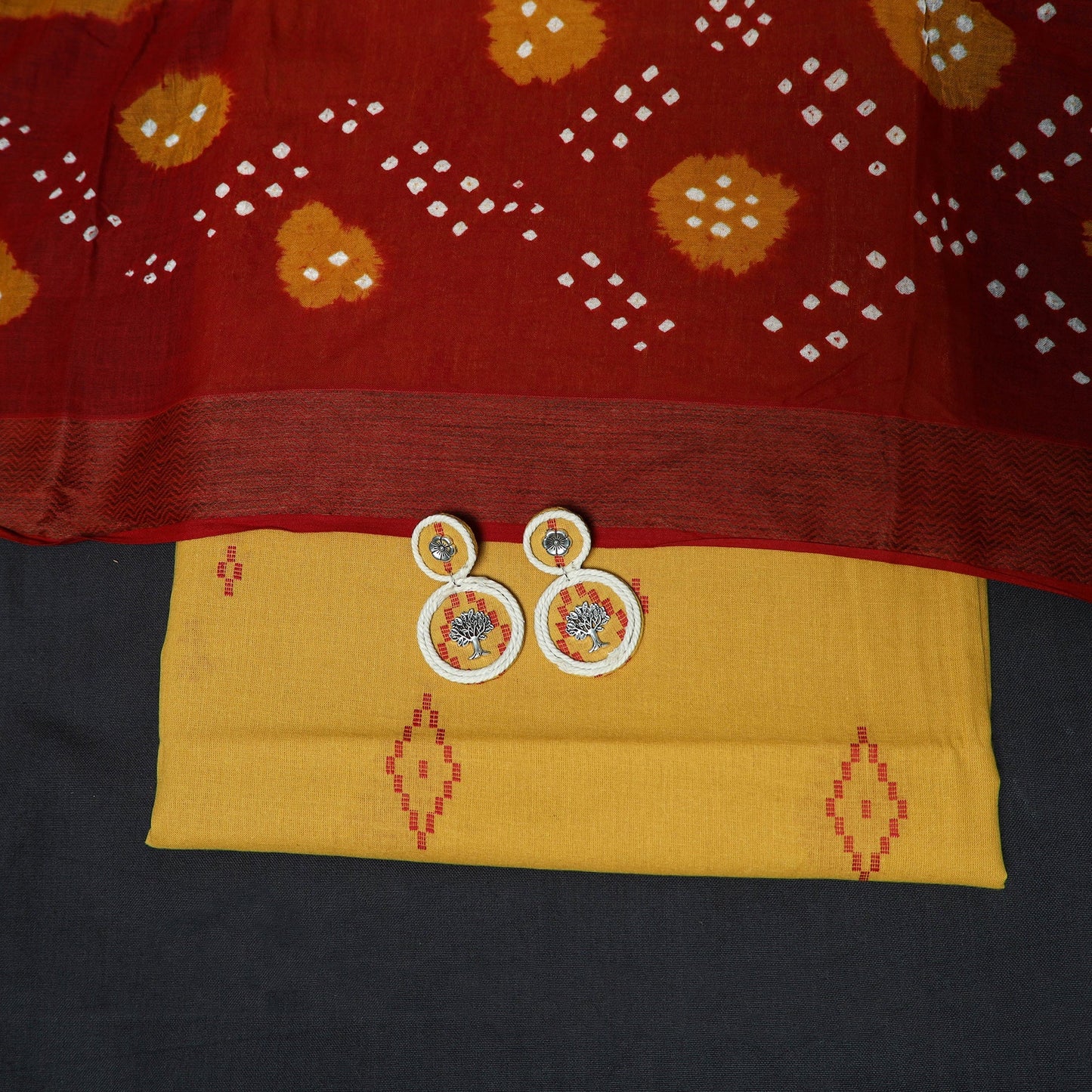 Jacquard cotton 2pc unstitched dress material with earrings
