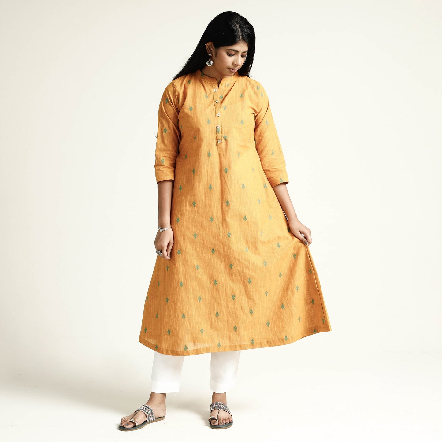Yellow - mustard jacquard cotton long kurta - handcrafted