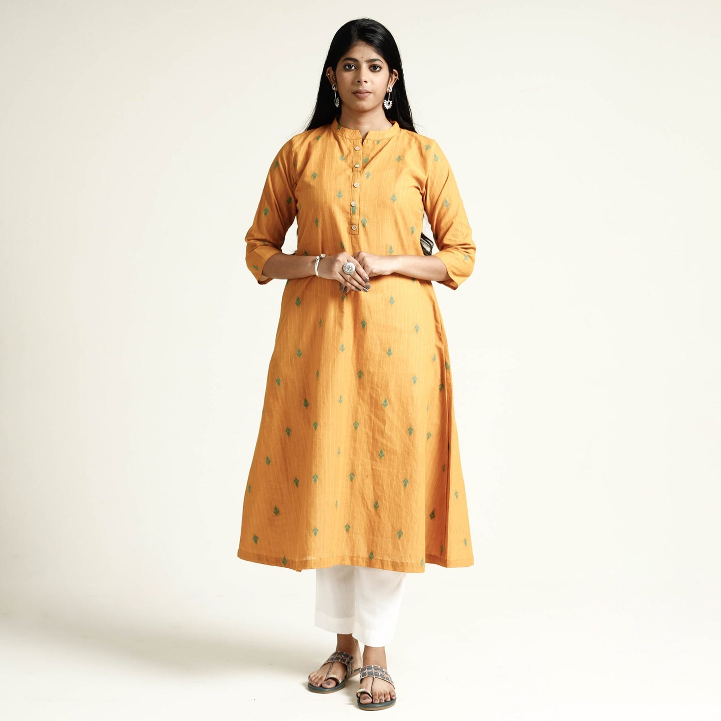 Yellow - mustard jacquard cotton long kurta - handcrafted