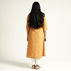 Yellow - mustard jacquard cotton long kurta - handcrafted