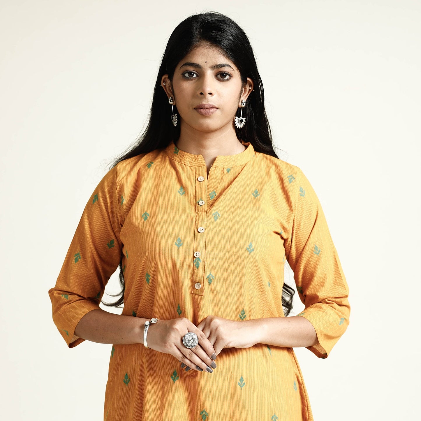 Yellow - mustard jacquard cotton long kurta - handcrafted