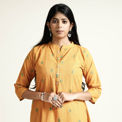 Yellow - mustard jacquard cotton long kurta - handcrafted