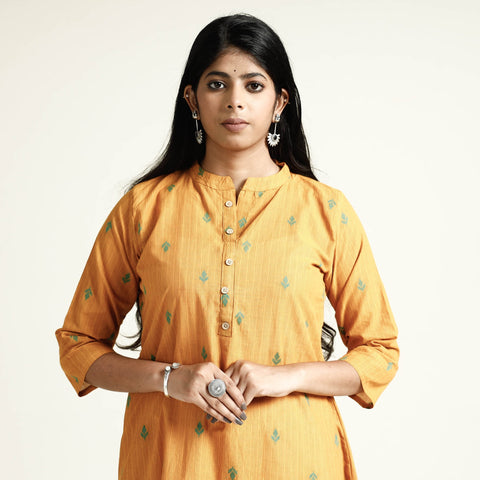 Yellow - mustard jacquard cotton long kurta - handcrafted