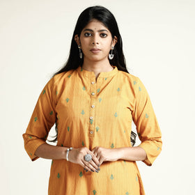 Yellow - mustard jacquard cotton long kurta - handcrafted