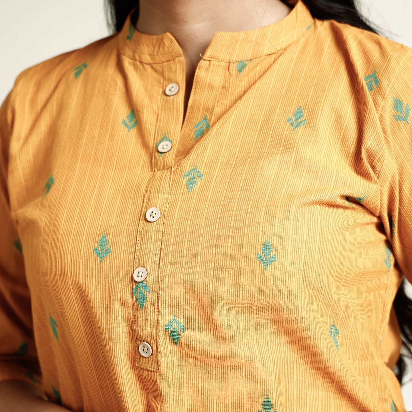 Yellow - mustard jacquard cotton long kurta - handcrafted