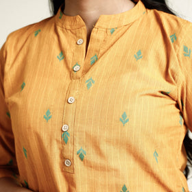 Yellow - mustard jacquard cotton long kurta - handcrafted