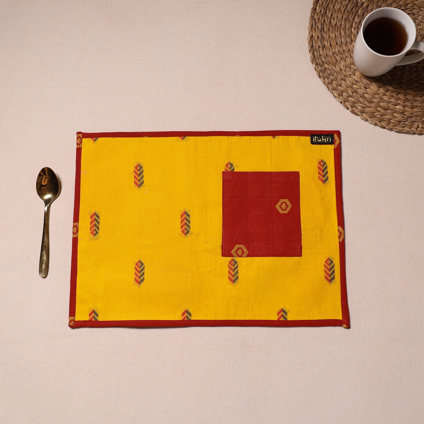 Yellow Jacquard Cotton Table Mat With Pocket