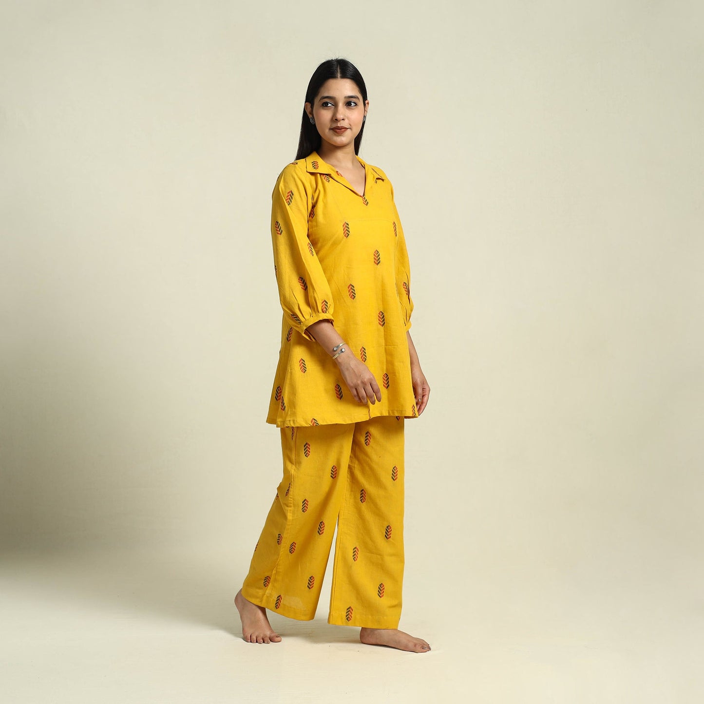  Yellow Jacquard Cotton Top & Pyjama Night Suit Set