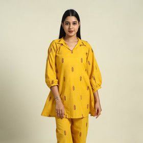  Yellow Jacquard Cotton Top & Pyjama Night Suit Set