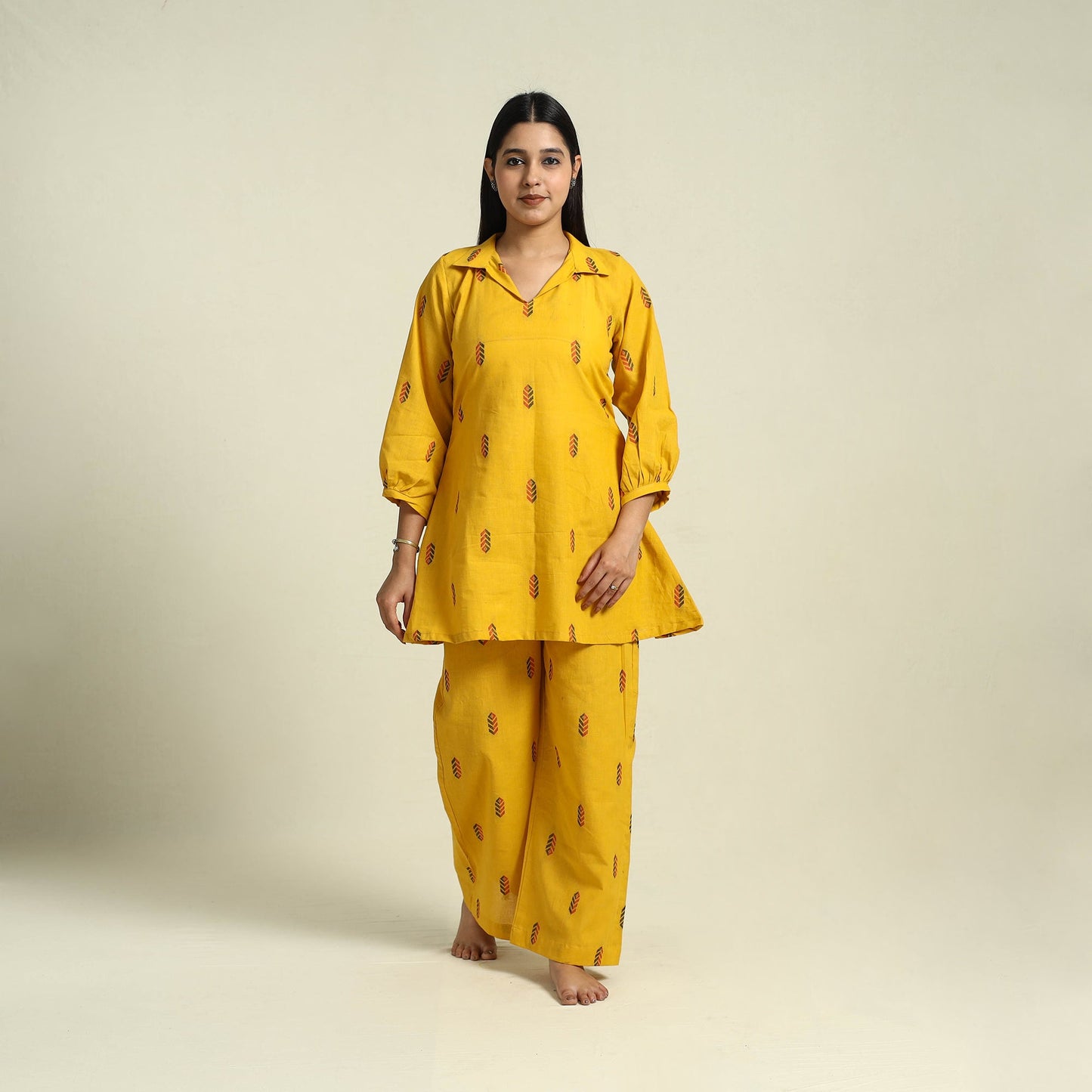 Yellow Jacquard Cotton Top & Pyjama Night Suit Set