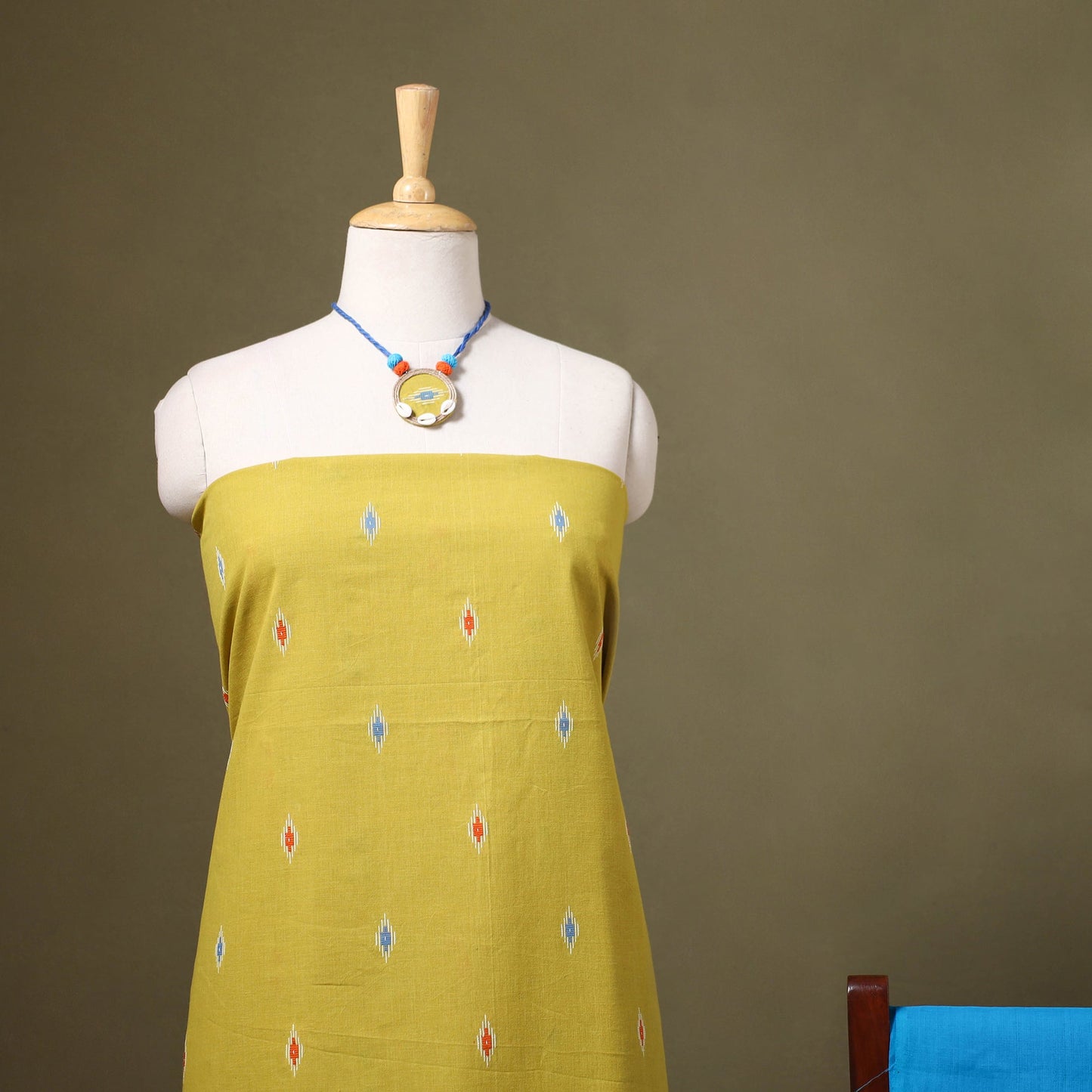 Yellow Jacquard Cotton Dress Material with Jewellery Set