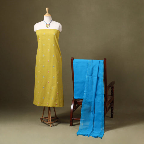 Yellow Jacquard Cotton Dress Material with Jewellery Set
