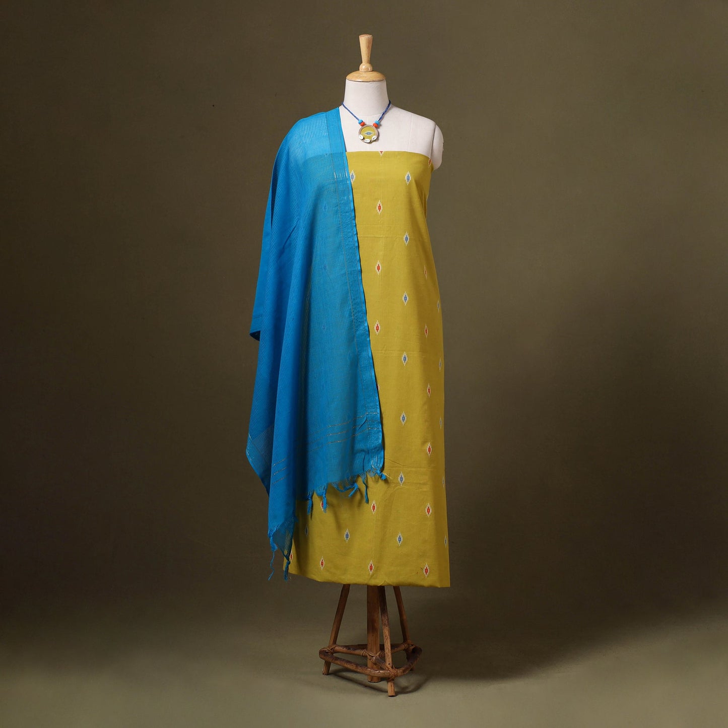 Yellow Jacquard Cotton Dress Material with Jewellery Set