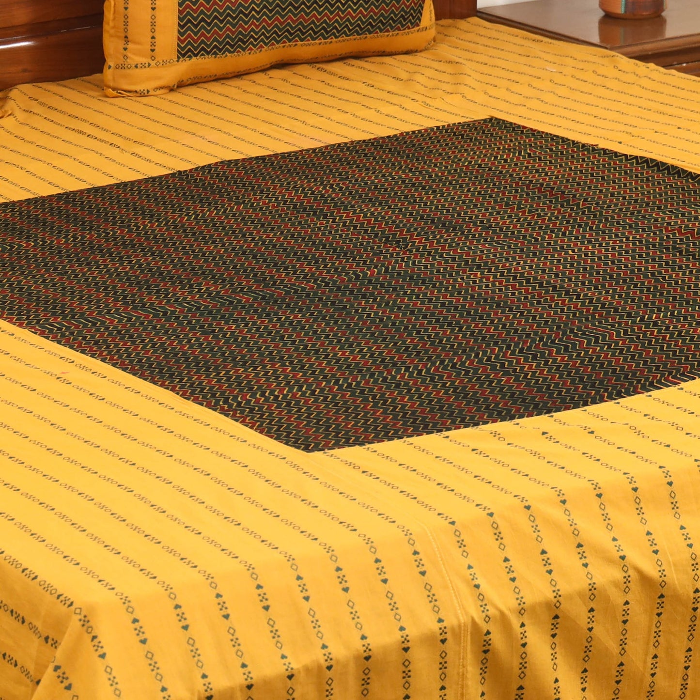 Yellow Jacquard with Ajrakh Modal Silk Patch Cotton Bedsheet Set
