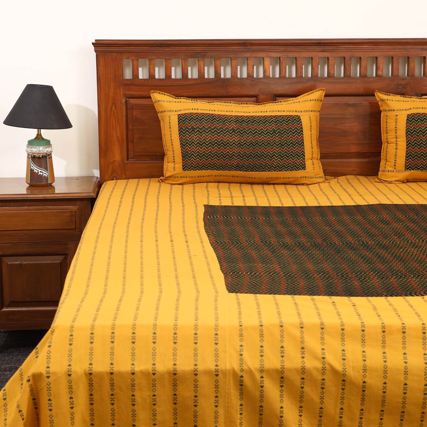 Yellow Jacquard with Ajrakh Modal Silk Patch Cotton Bedsheet Set