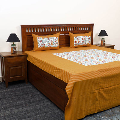 Yellow Jacquard with Sanganeri Patch Cotton Bedsheet Set