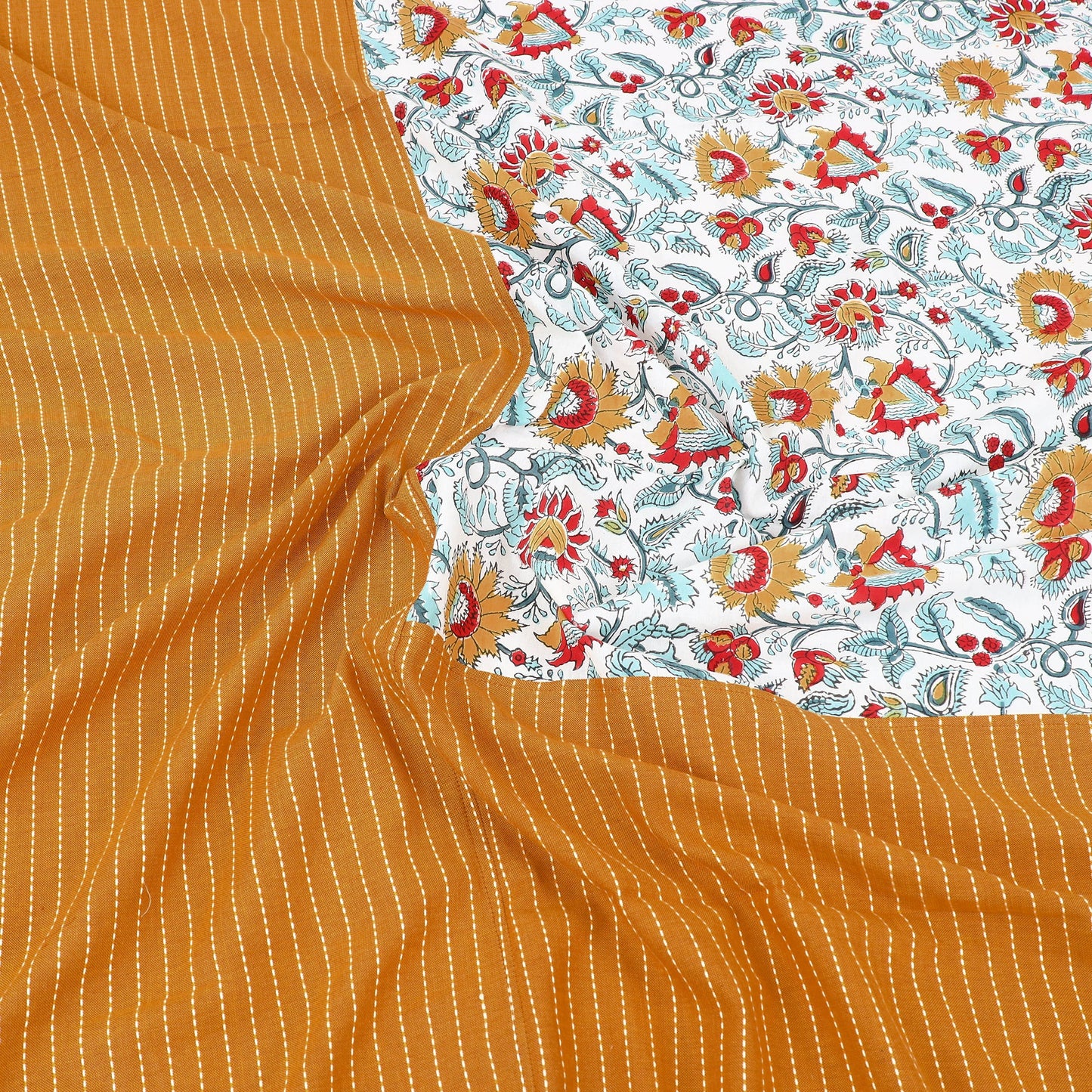 Yellow Jacquard with Sanganeri Patch Cotton Bedsheet Set