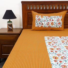 Yellow Jacquard with Sanganeri Patch Cotton Bedsheet Set