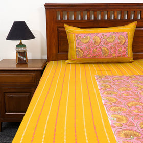 Yellow Jacquard with Sanganeri Patch Cotton Bedsheet Set