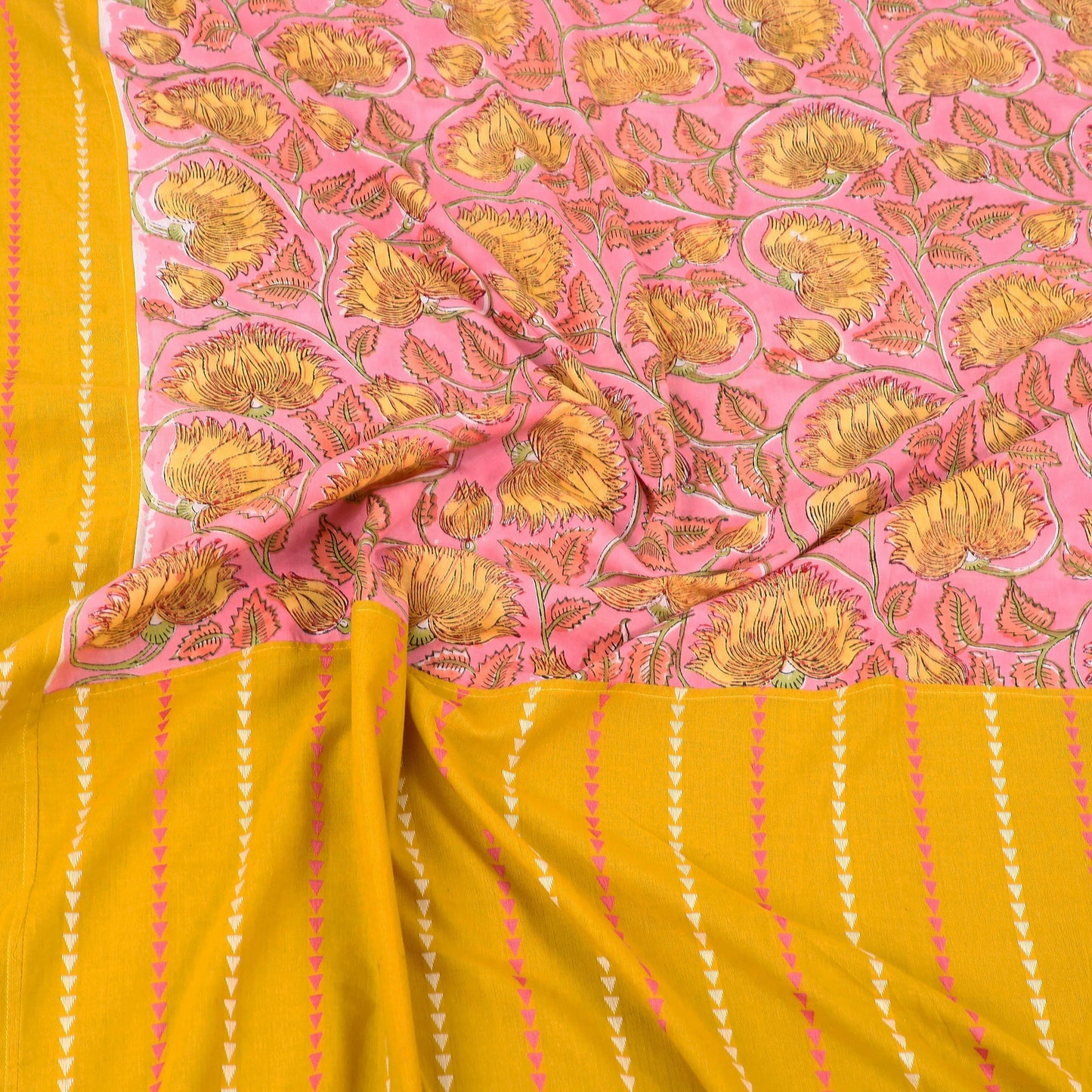 Yellow Jacquard with Sanganeri Patch Cotton Bedsheet Set