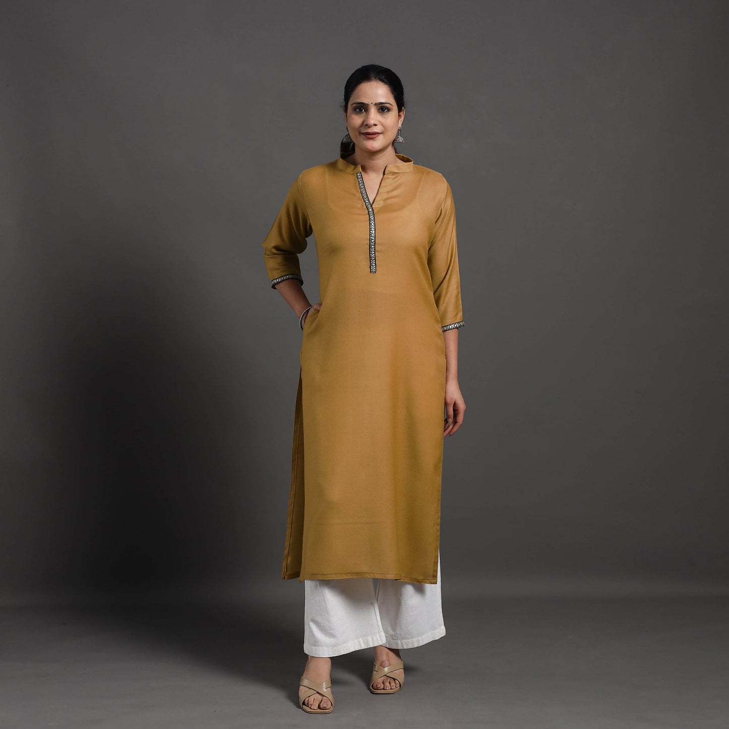 Buy Yellow Plain Merino Woolen Kurta for Women