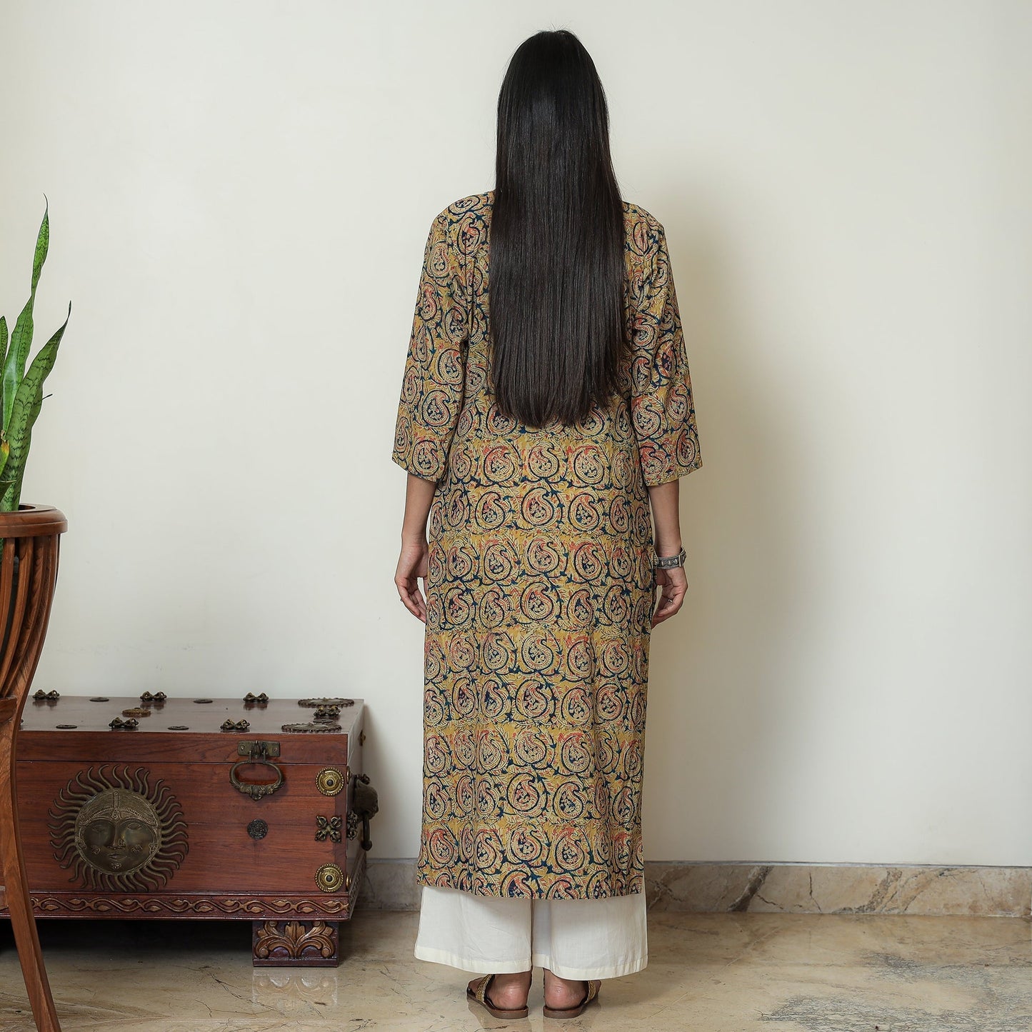 Kalamkari Block Print Cotton Pintuck Straight Kurta For Women