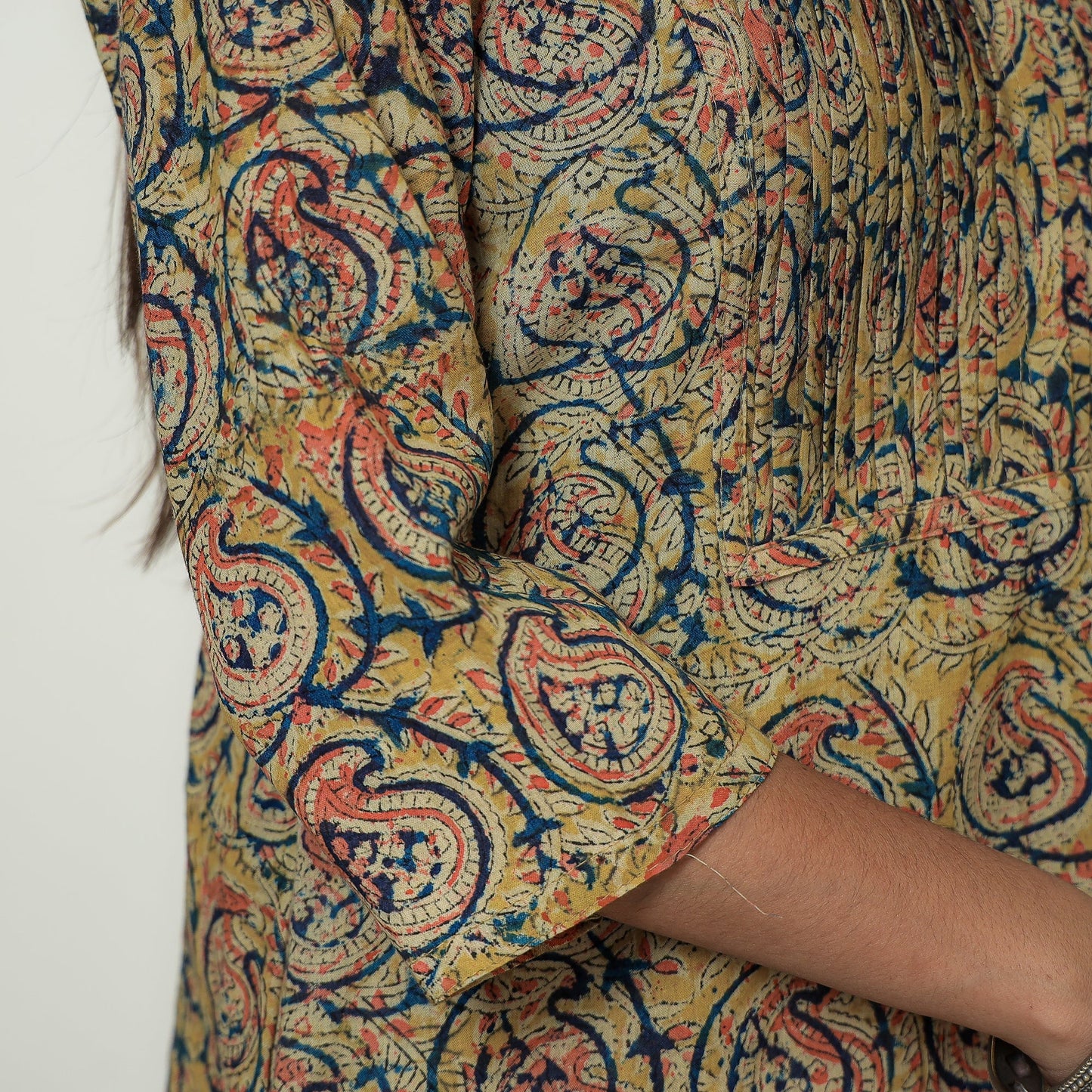 Kalamkari Block Print Cotton Pintuck Straight Kurta For Women