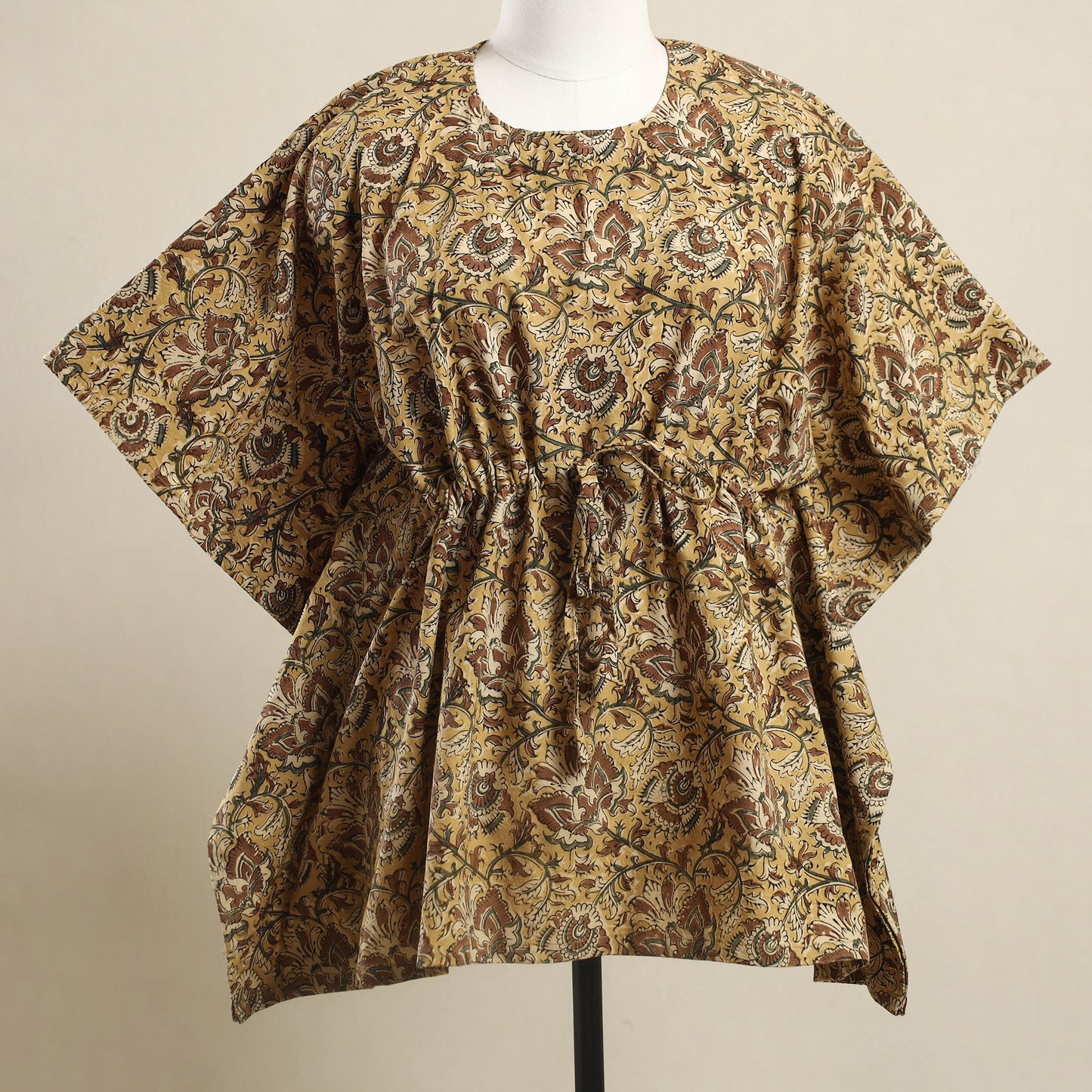  Yellow Kalamkari Block Print Cotton Kaftan