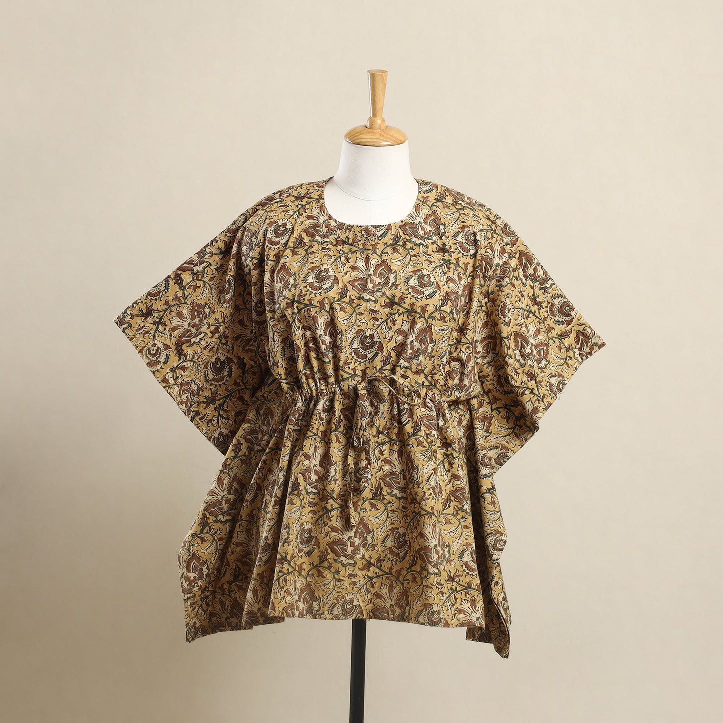  Yellow Kalamkari Block Print Cotton Kaftan