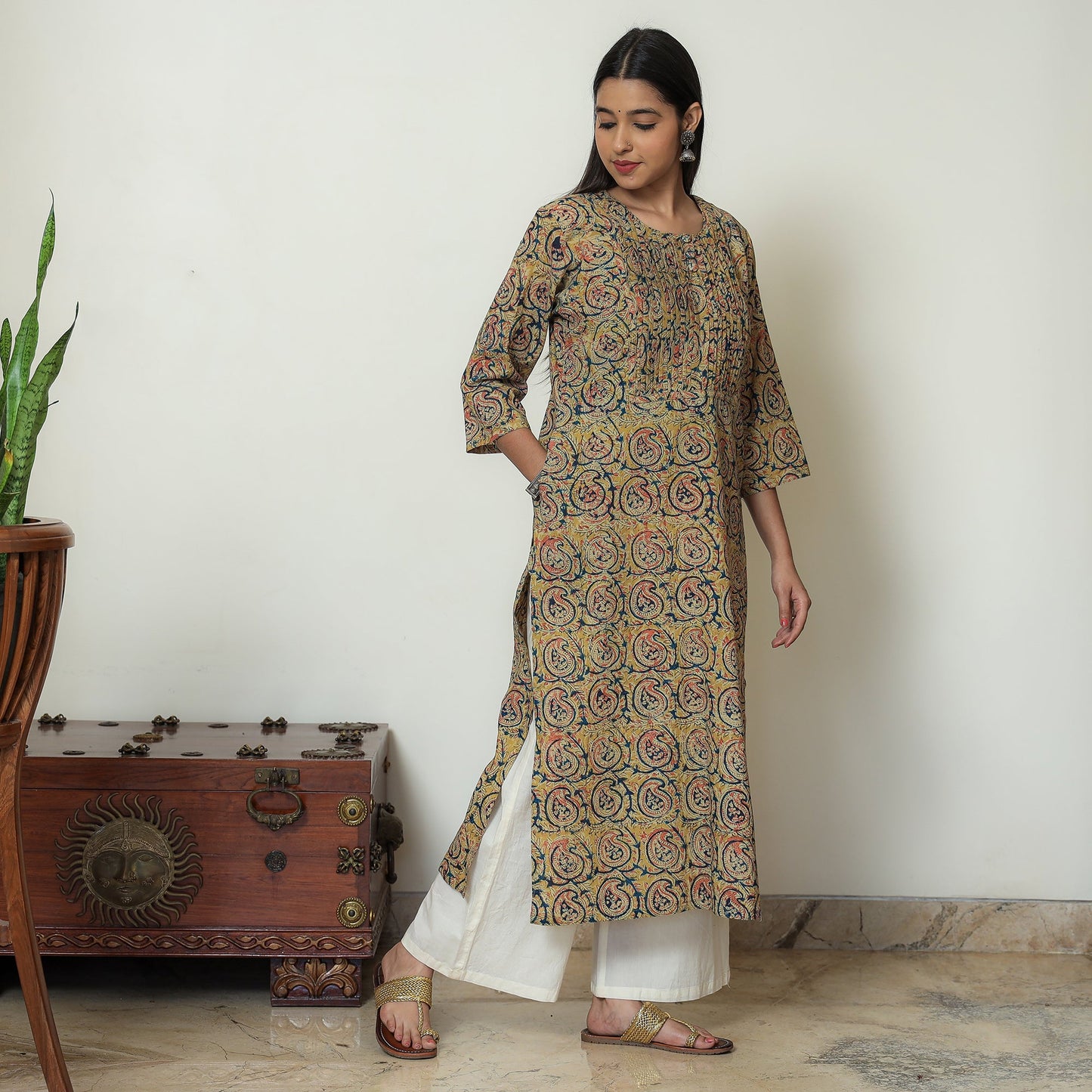 Kalamkari Block Print Cotton Pintuck Straight Kurta For Women