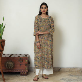Kalamkari Block Print Cotton Pintuck Straight Kurta For Women