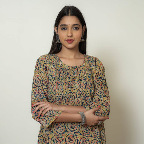 Kalamkari Block Print Cotton Pintuck Straight Kurta For Women