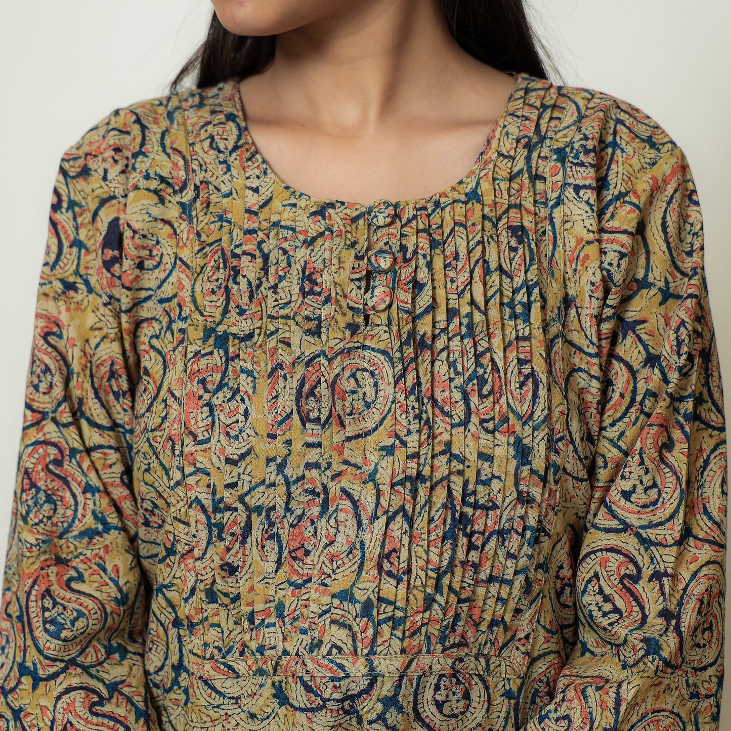 Kalamkari Block Print Cotton Pintuck Straight Kurta For Women