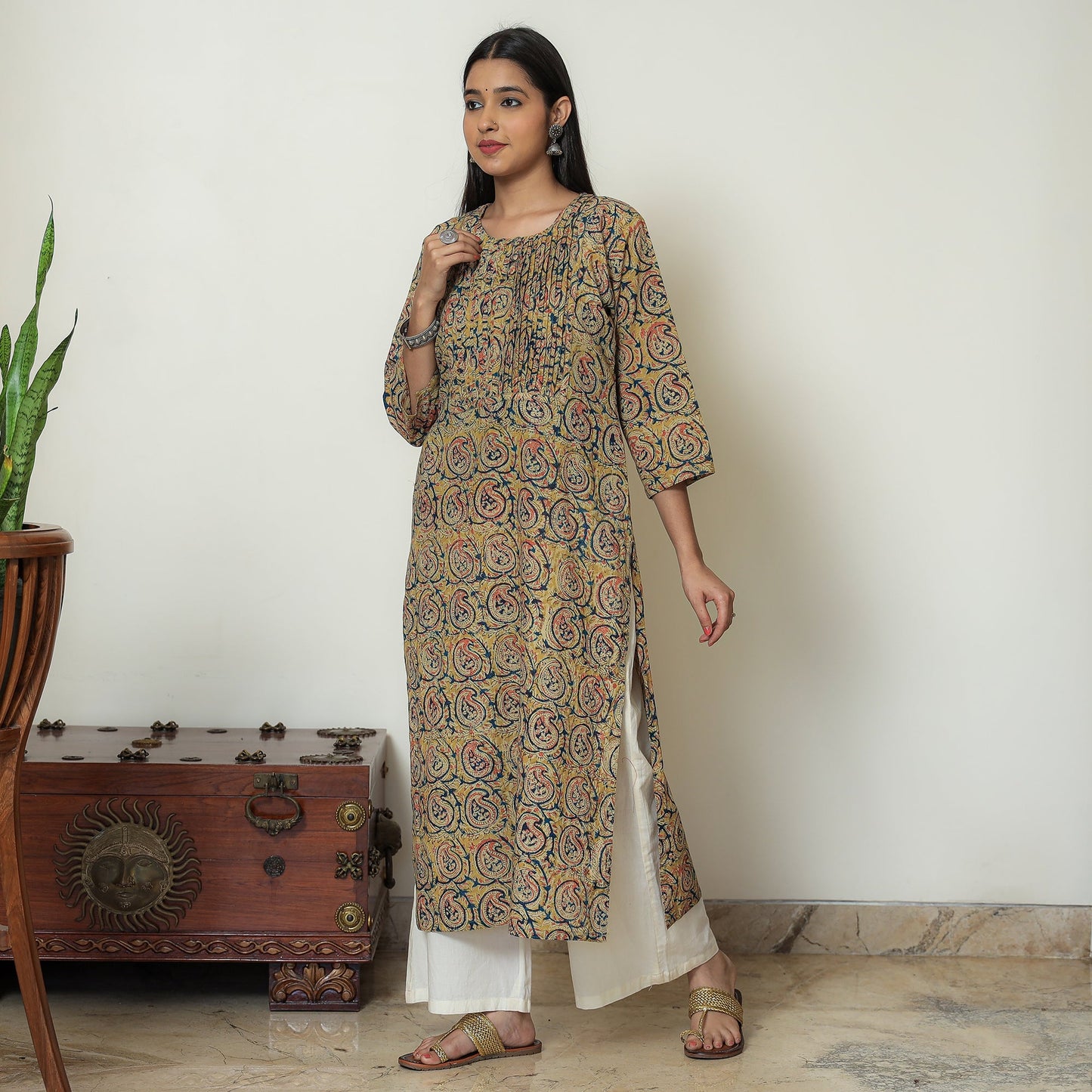 Kalamkari Block Print Cotton Pintuck Straight Kurta For Women