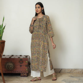Kalamkari Block Print Cotton Pintuck Straight Kurta For Women