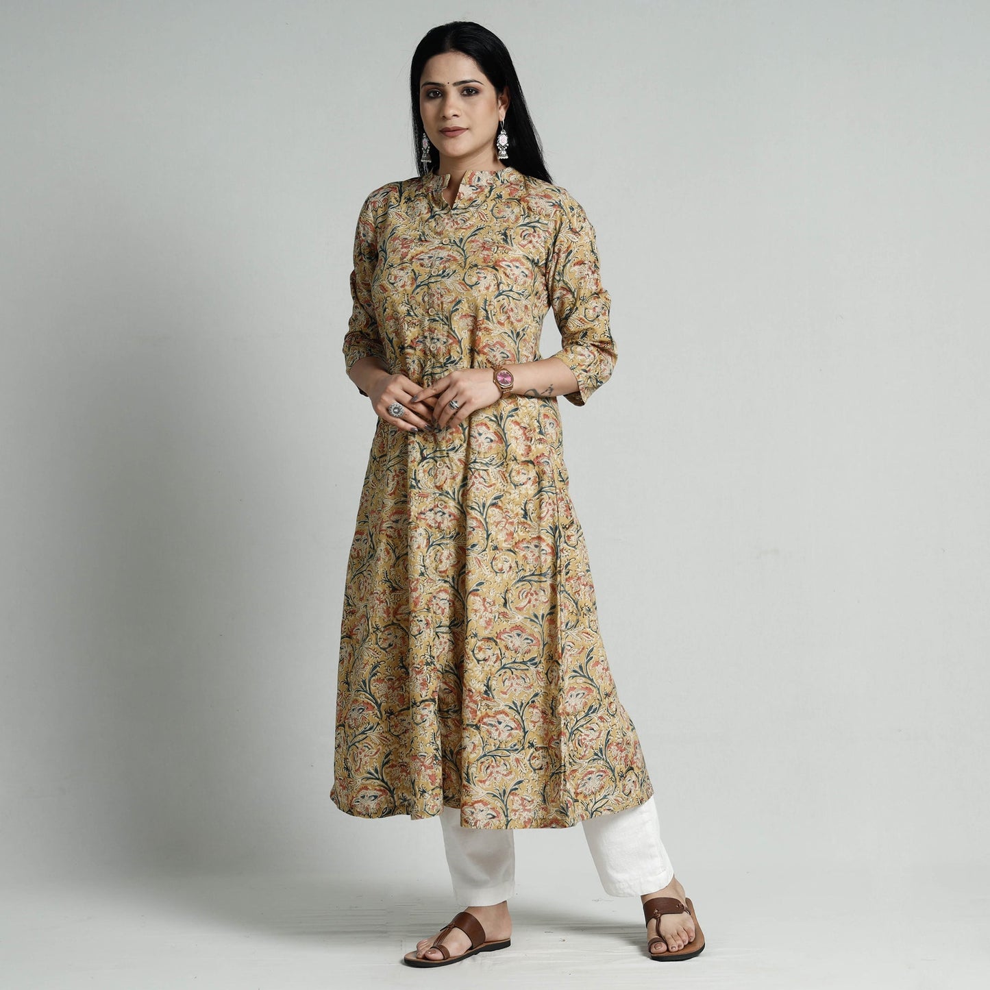 Yellow - kalamkari hand printed cotton long kurta