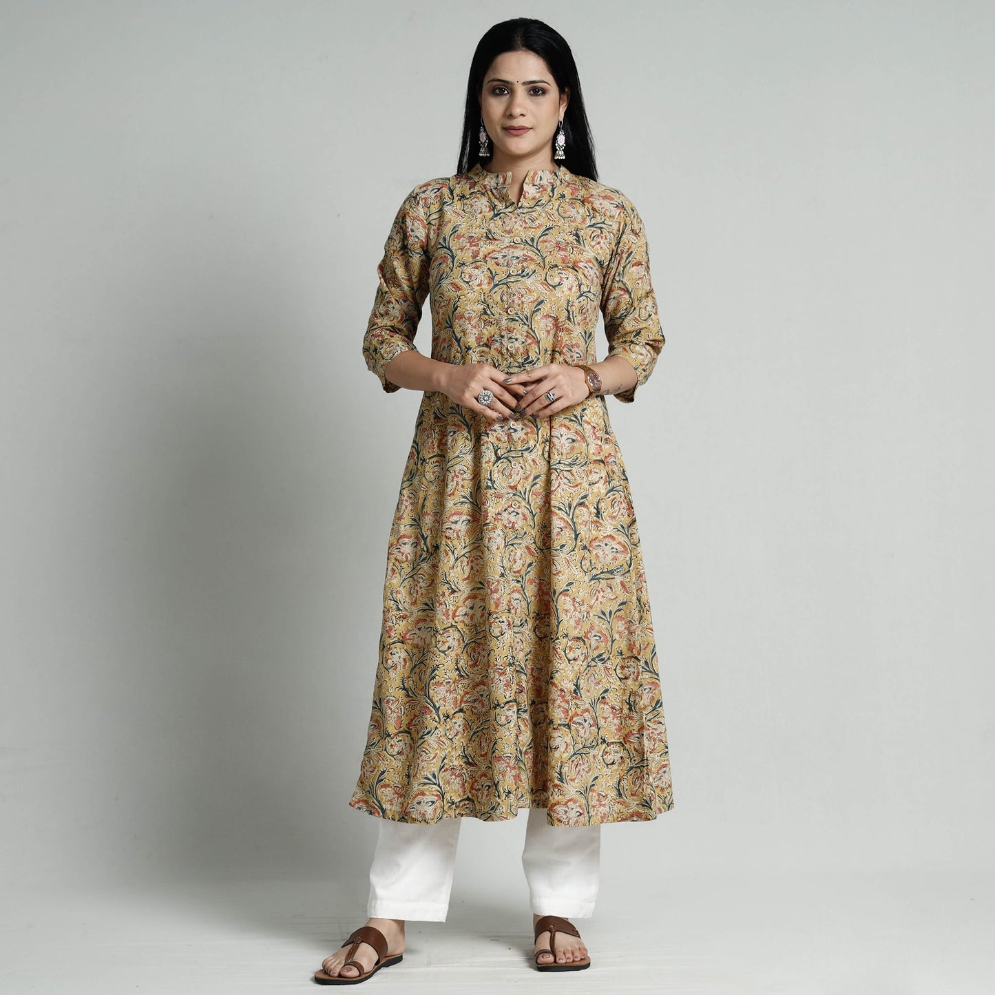 Yellow - kalamkari hand printed cotton long kurta