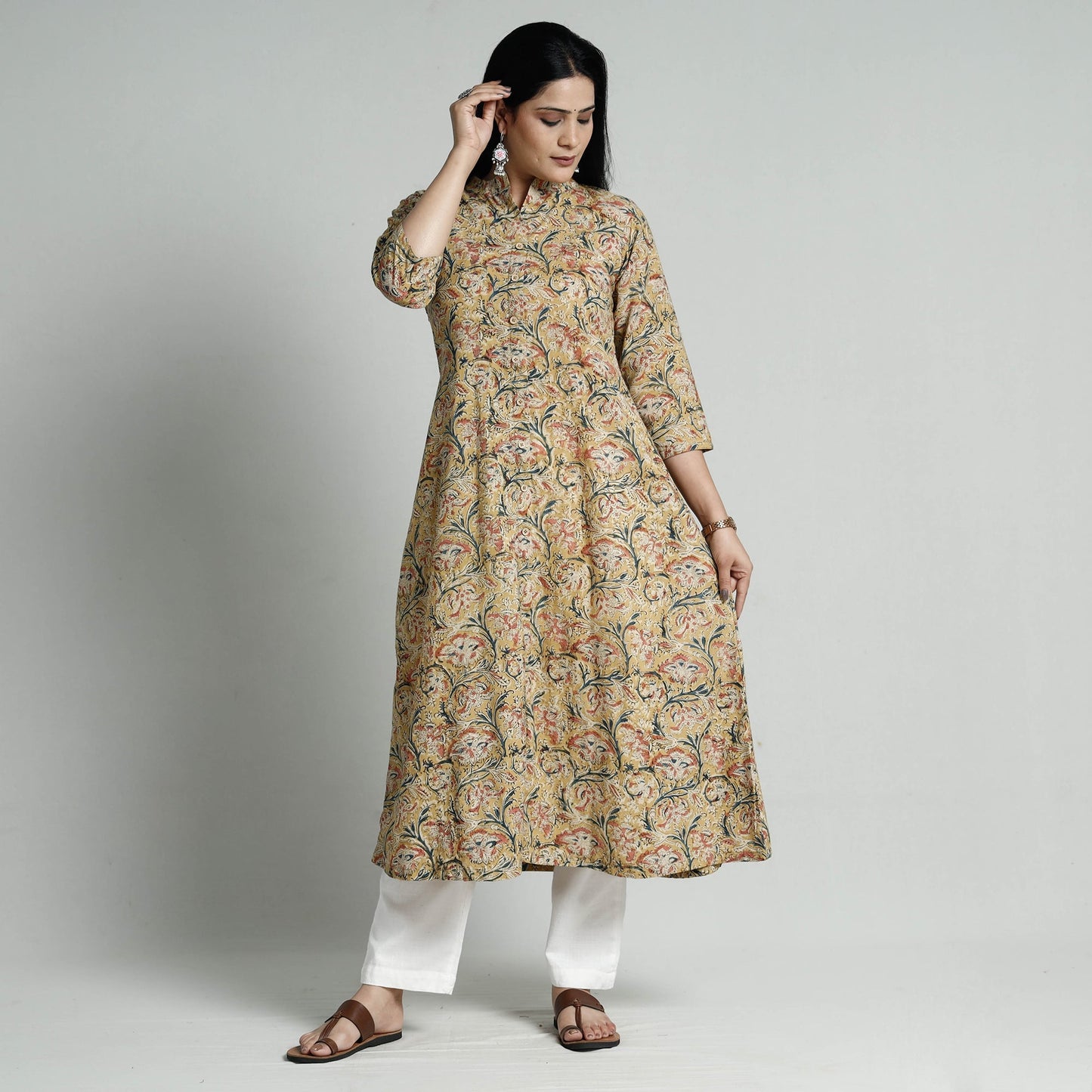 Yellow - kalamkari hand printed cotton long kurta