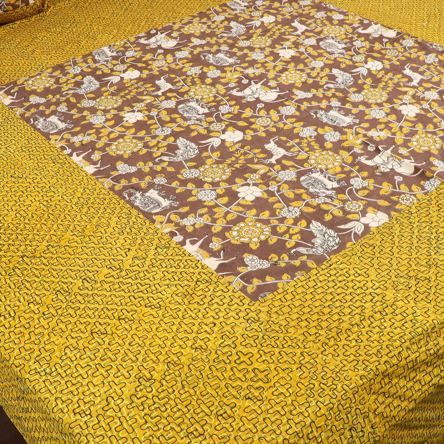 Buy Ajrakh Print with Kalamkari Patch Cotton Bedsheet Set