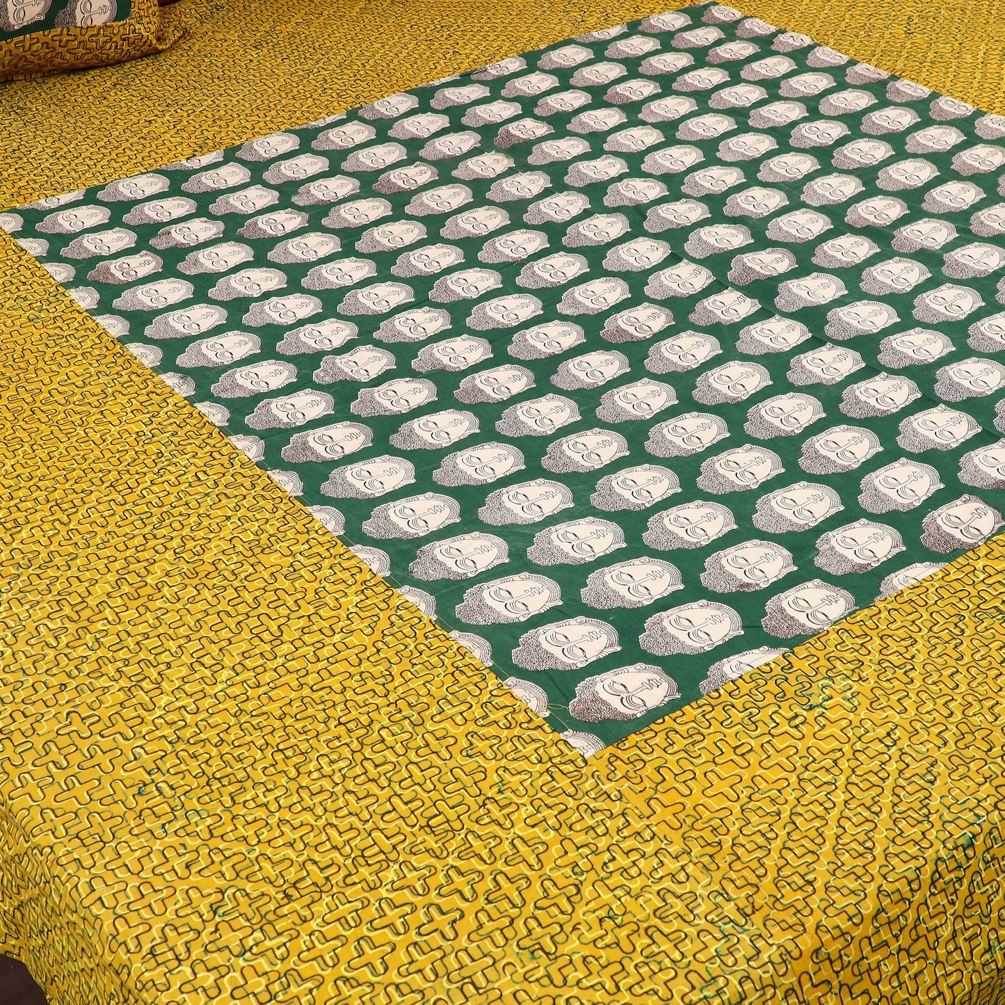 Buy Ajrakh Print with Kalamkari Patch Cotton Bedsheet Set